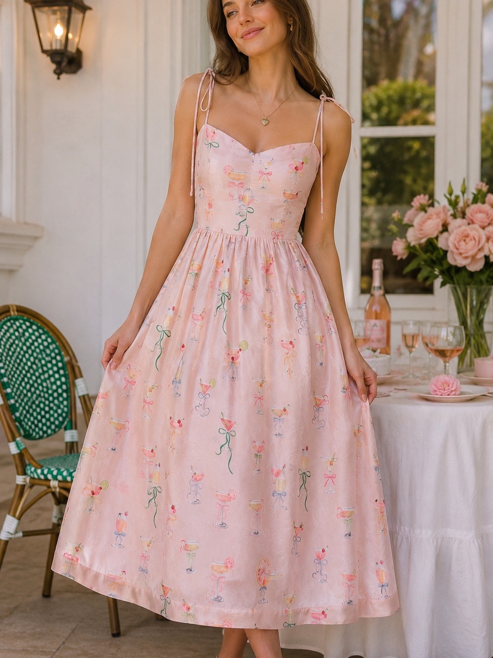 En Saison Viral Joanne Pink Drink Cocktail Print Midi Dress Coquette New Sz S M